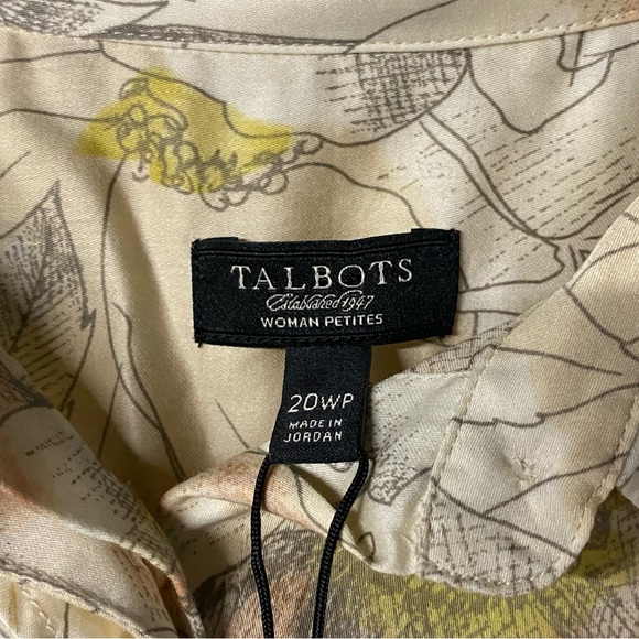Talbots Shirt Women 20WP Beige Ruffle Button Front Cotton Floral Roll Tab Sleeve - Picture 2 of 9